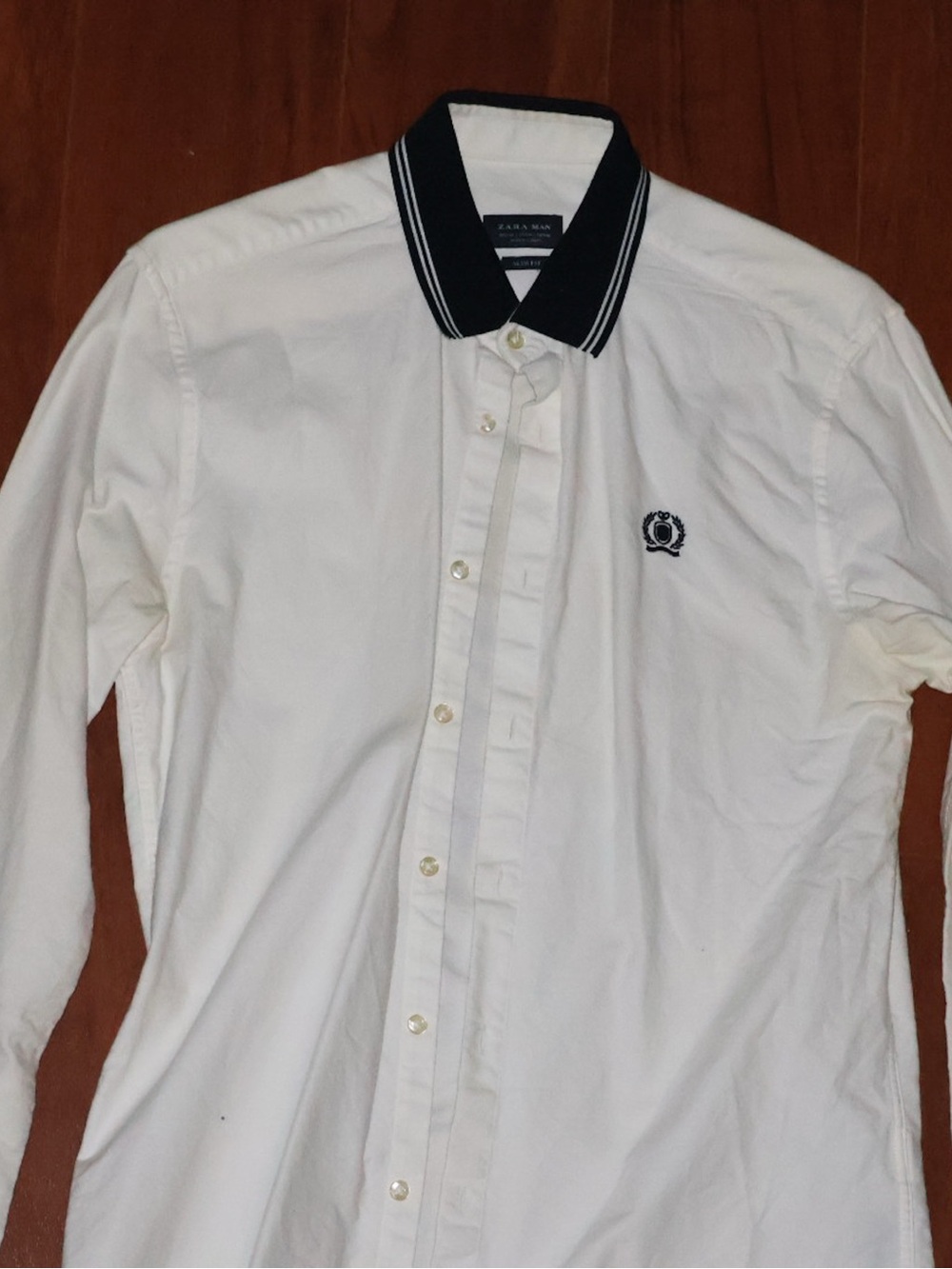White Long-Sleeve Button-Up Shirt with Navy Trim
